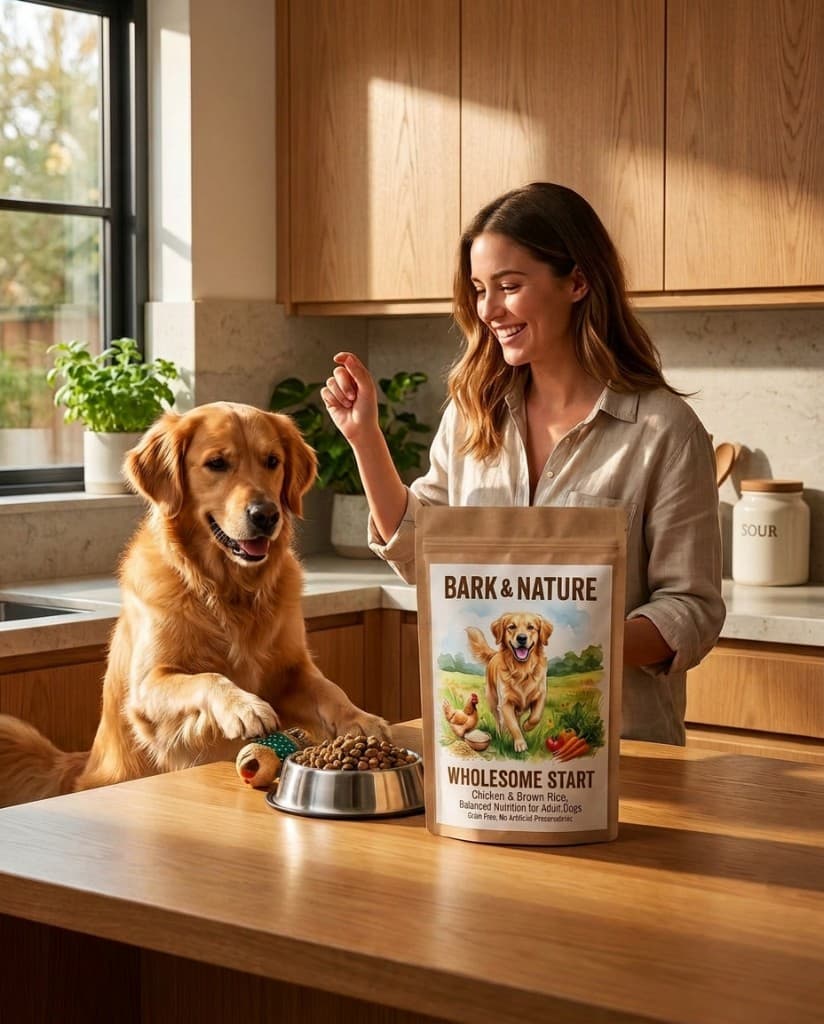 Lifestyle ad preview - labrador in cozy kitchen with dog food bag