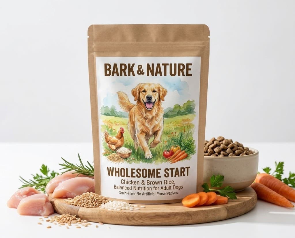 Product demo - dog food bag with ingredients on wooden board